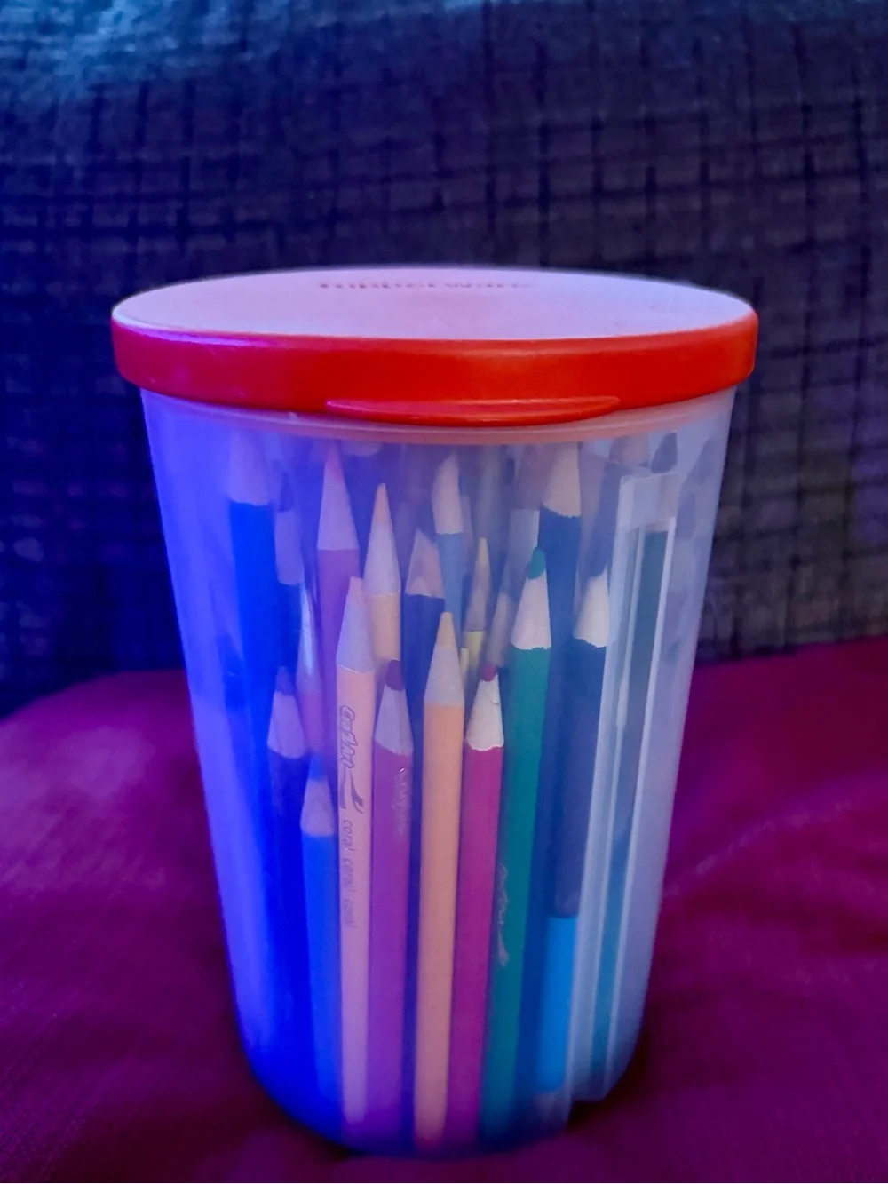 Vintage Tupperware 3-in-1 Divided Canister (Model #5878) with colored pencils